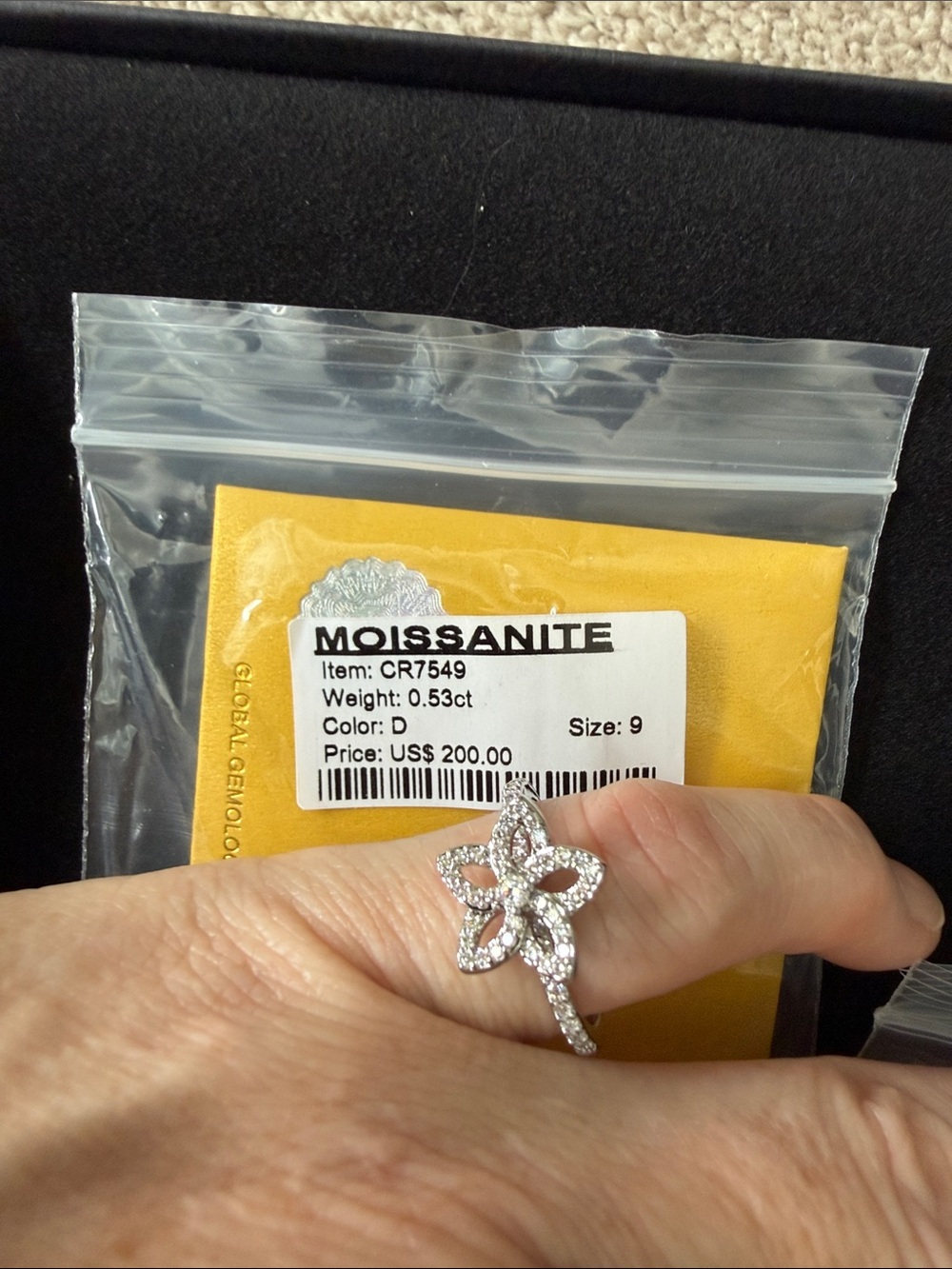 Moissanite Flower-Shaped Silver Ring in White - Size 9 With GRA